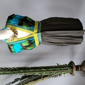 Hype multi color deep vee 100% silk dress NWT